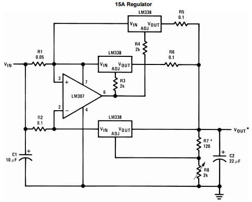 Typical Application Circuit for LM338 15A Adjustable Regulator