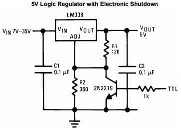 Typical Application Circuit for LM338 5V Logic Regulator with Electronic shut-down