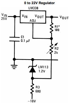 Typical Application Circuit for LM338, 0 to 22V Adjustable Regulator