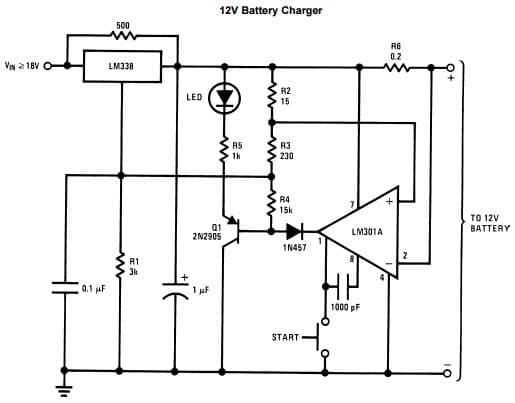 Typical Application Circuit for LM338 5A Adjustable Regulator for 12V Battery Charger