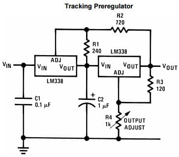 Typical Application Circuit for LM338 5A Adjustable Regulator for Tracking Pre-regulator