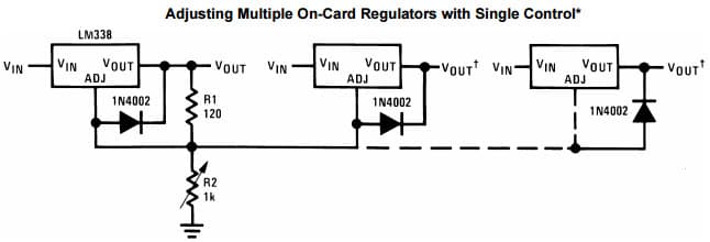 Typical Application Circuit for LM338 Adjusting Multiple On-Card Regulators with Single Control