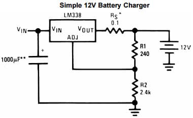 Typical Application Circuit for LM338 5A Adjustable Regulator for Simple 12V Battery Charger