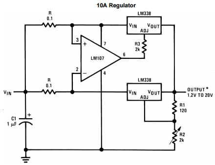 Typical Application Circuit for LM338 10A Adjustable Regulator