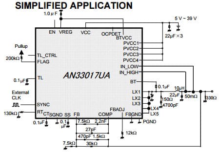 Typical Simplified Application Circuit for AN33017UA VIN = 5 to 39V, 1-channel DC-DC Step-Down Regulator integrated N-channel Power MOSFET