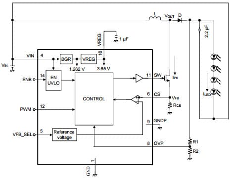 Typical Application Circuit for Buck-Boost Mode for AN30888A High Brightness LED Driver IC