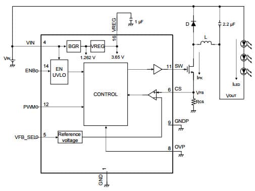 Typical Application Circuit for Buck Mode for AN30888A High Brightness LED Driver IC