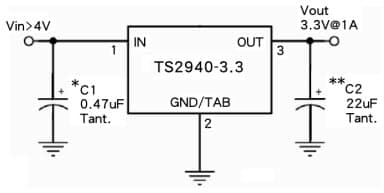 Typical Application Circuit for TS2940 1A Ultra Low Dropout Voltage Regulator