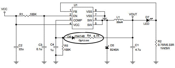 Typical Application for 1W/3W LED1 for DC Input for TS19377 2A Buck (Step-down) WLED Driver