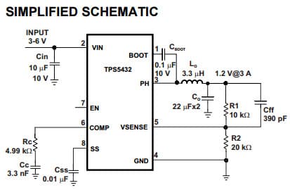 Typical Application Circuit for TPS5432 2.95V to 6V Input, 3A Output, 700kHz Synchronous Step Down Converter