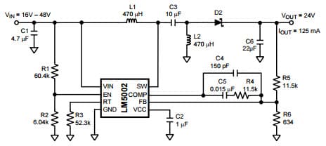 Typical Application Circuit for LM5002 High Voltage Boost Regulator