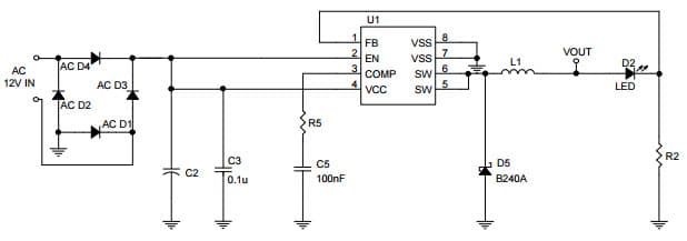 Typical Application for 1W/3W LED1 for AC Input for TS19377 2A Buck (Step-down) WLED Driver