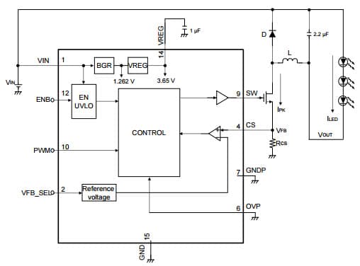 Typical Application Circuit for Buck Mode for AN30888B High Brightness LED Driver IC