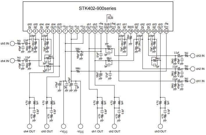 Typical Application for STK402-950 Thick-Film Hybrid IC Class AB Audio Power Amplifier IC 30 W x 5 Channels