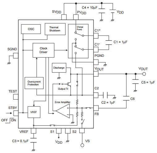 Typical Application Circuit for LV5254LG Inverting Charge Pump Regulator IC