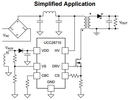 Typical Simplified Application Circuit for UCC28710 Constant-Voltage, Constant-Current Controller With Primary-Side Regulation