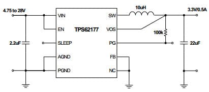 Typical Application Circuit for TPS62177, 28V, 0.5A Step-Down Converter with Sleep Mode