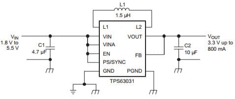 Typical Application Circuit for TPS63030 High Efficiency Single Inductor Buck-Boost Converter With 1A Switches