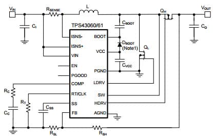 Typical Simplified Application Circuit for TPS43061 Low Quiescent Current Synchronous Boost DC-DC Controller with Wide VIN Range