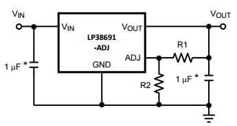 Typical Application Circuit for LP38691-ADJ 500mA Low Dropout CMOS Linear Regulator with Adjustable Output Stable with Ceramic Output Capacitors