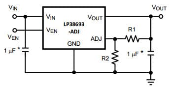 Typical Application Circuit for LP38693-ADJ 500mA Low Dropout CMOS Linear Regulator with Adjustable Output Stable with Ceramic Output Capacitors