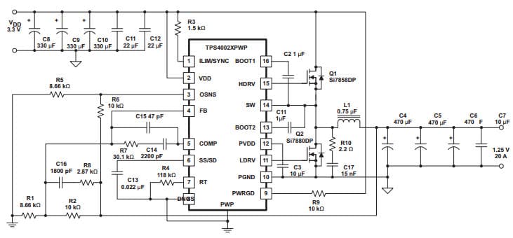 Typical Application Circuit for TPS40021-EP Enhanced, Low-Input Voltage-Mode Synchronous Buck Controller