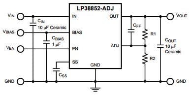 Typical Application Circuit for LP38852 1.5A Fast-Response High-Accuracy Adjustable LDO Linear Regulator with Enable and Soft-Start