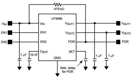 Typical Application Circuit for LP3996 Dual Linear Regulator with 300mA and 150mA Outputs and Power-On-Reset