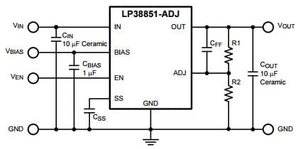 Typical Application Circuit for LP38851 800mA Fast-Response High-Accuracy Adjustable LDO Linear Regulator with Enable and Soft-Start