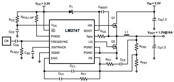 Typical Application Circuit for LM2747 Synchronous Buck Controller with Pre-Bias Startup and Optional Clock