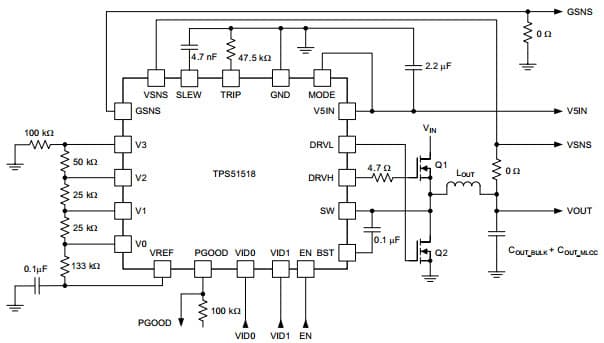 Typical Application Circuit for Design 1 for TPS51518 Single-Phase, D-CAP and D-CAP2 Controller with 2-Bit Flexible VID Control