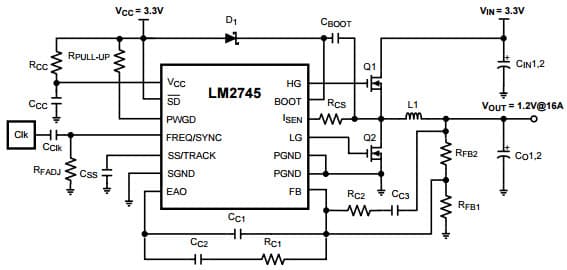 Typical Application Circuit for LM2748 Synchronous Buck Controller with Pre-Bias Startup and Optional Clock