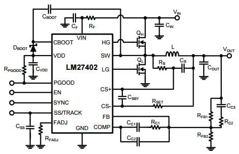 Typical Application Circuit for LM27402 High performance Synchronous Buck Controller with DCR Current Sensing