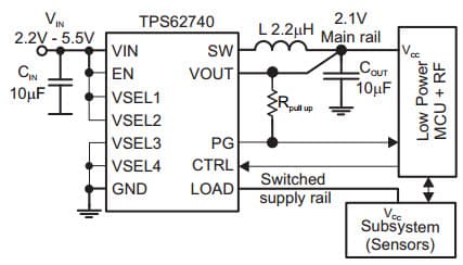 Typical Application Circuit for TPS62740, 360nA IQ Step Down Converter for Low Power Applications