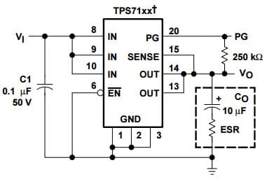 Typical Application Circuit for TPS7101Q low-dropout voltage regulators with Adjustable Output voltage