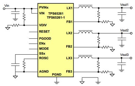 Typical Application Circuit for TPS65261, 4.5V to 18V Input Voltage, 3A/2A/2A Output Current Triple Synchronous Step-Down Converter