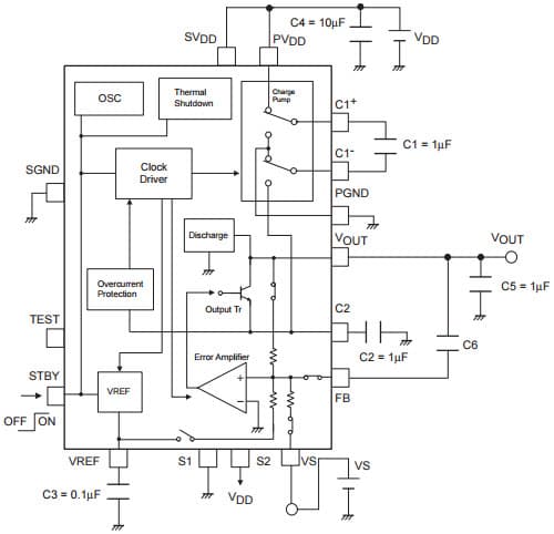 Typical Application Circuit for LV5254LG Inverting Charge Pump Regulator IC