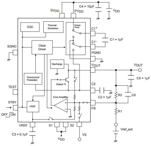 Typical Application Circuit for LV5254LG Inverting Charge Pump Regulator IC