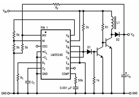 Typical Application Circuit for LM3524D Positive Regulator, Step-Up Boosted Current Configuration