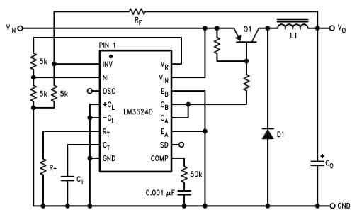 Typical Application Circuit for LM3524D Positive Regulator, Step-Down Boosted Current Configuration