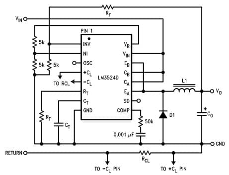 Typical Application Circuit for LM3524D Positive Regulator, Step-Down Basic Configuration (IIN(MAX) = 80 mA)