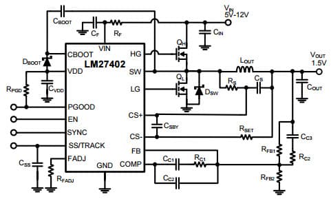 Typical Application Circuit for LM27402 High performance Synchronous Buck Controller with DCR Current Sensing