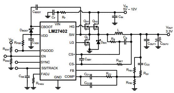 Typical Application Circuit for LM27402 High performance Synchronous Buck Controller with DCR Current Sensing