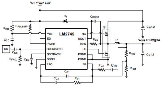 Typical Application Circuit for LM2745, 3.3V to 1.8V @ 2A, fSW = 300 kHz Synchronous Buck Controller with Pre-Bias Startup and Optional Clock