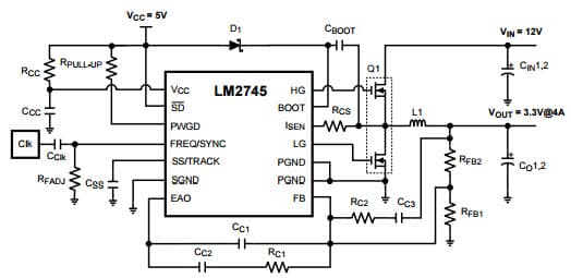 Typical Application Circuit for LM2745, 12V to 3.3V @ 4A, fSW = 300kHz Synchronous Buck Controller with Pre-Bias Startup and Optional Clock