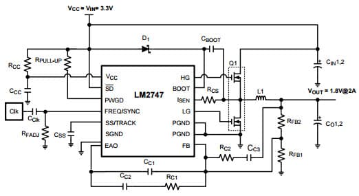 Typical Application Circuit for LM2747, 3.3V to 1.8V @ 2A, fSW = 300 kHz Synchronous Buck Controller with Pre-Bias Startup