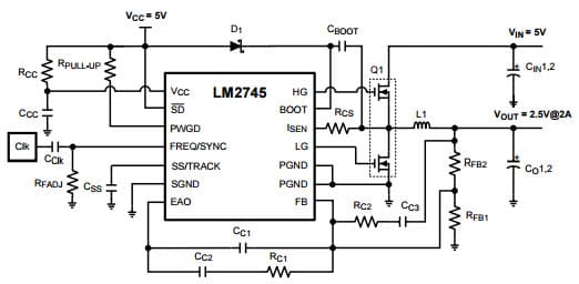 Typical Application Circuit for LM2748, 5V to 2.5V @ 2A, fSW = 300 kHz Synchronous Buck Controller with Pre-Bias Startup and Optional Clock