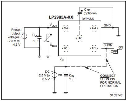 Typical Application LP2985A-XX Simplified device diagram for LP2985A Very low noise, low dropout, 150mA linear regulator, CMOS process technology