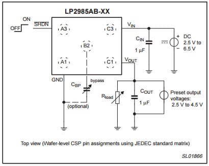 Typical Application LP2985AB-XX Simplified device diagram for LP2985AB Very low noise, low dropout, 150mA linear regulator, CMOS process technology