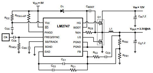 Typical Application Circuit for LM2747, 12V to 3.3V @ 4A, fSW = 300kHz Synchronous Buck Controller with Pre-Bias Startup